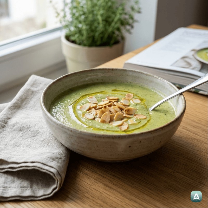 Cremige Brokkolisuppe mit gerösteten Mandeln und Lauch