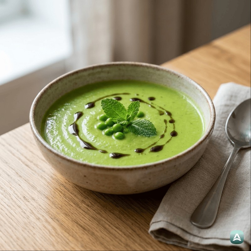 Erfrischende cremige Erbsensuppe mit Minze und einem Hauch Zitrone