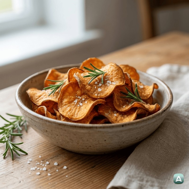 Knuspriger Süßkartoffel-Chips mit Rosmarin und Meersalz