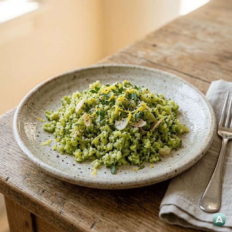 Hausgemachter „Reis“ aus Brokkolistrunk mit Knoblauch und Zitrone
