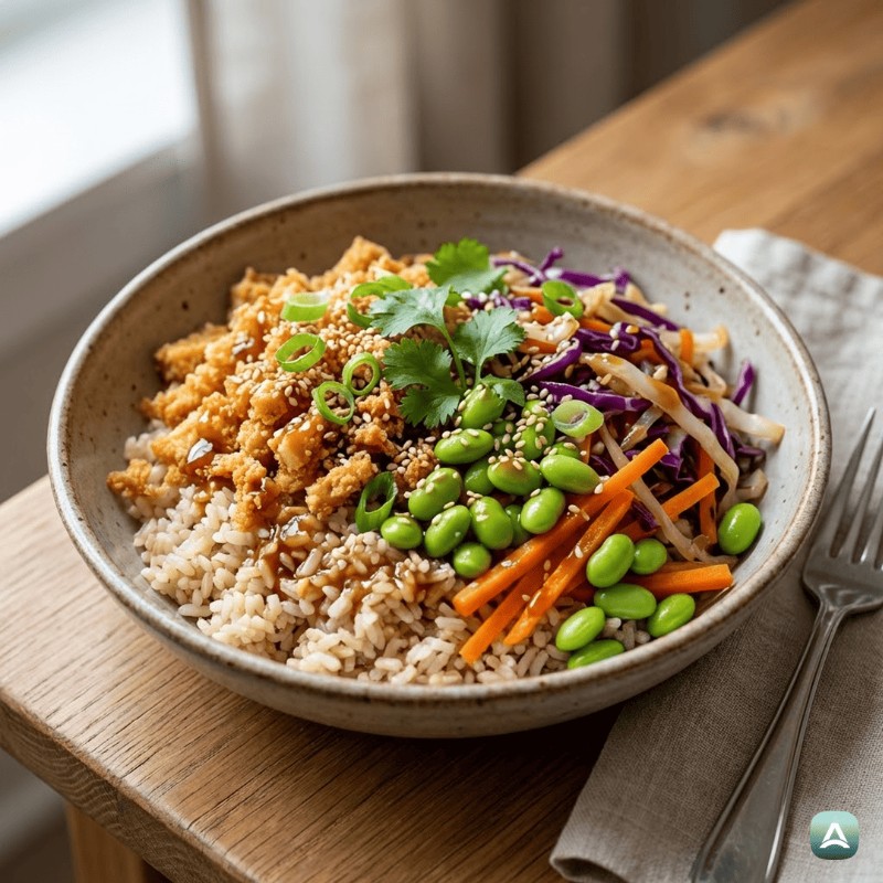 Vegane 'Frühlingsrolle'-Schüssel mit knusprigem Tofu