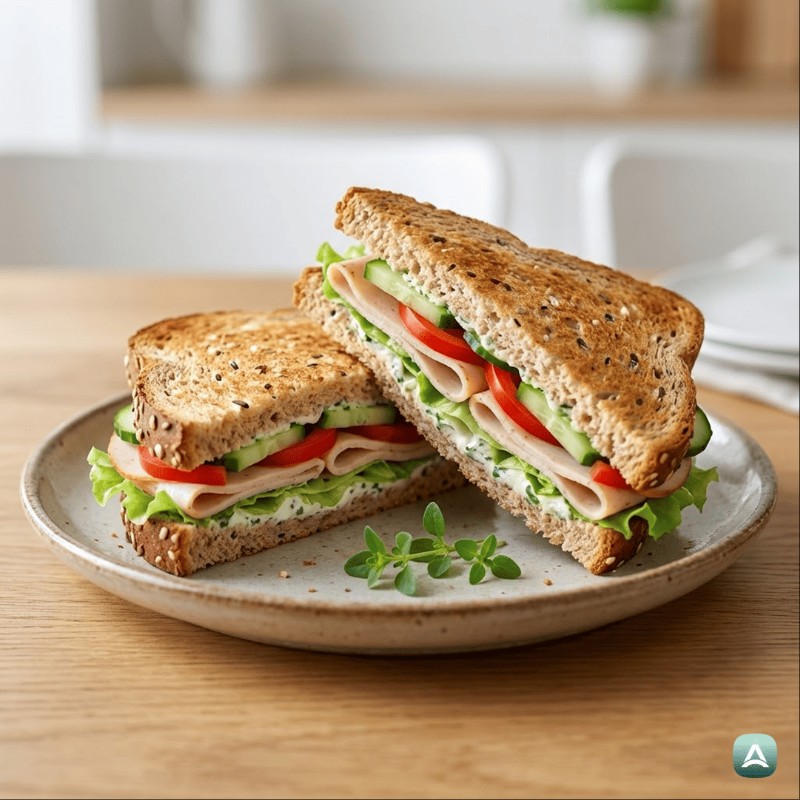 Knuspriges Vollkorn-Sandwich mit Hähnchenbrust, frischer Paprika und Kräuteraufstrich