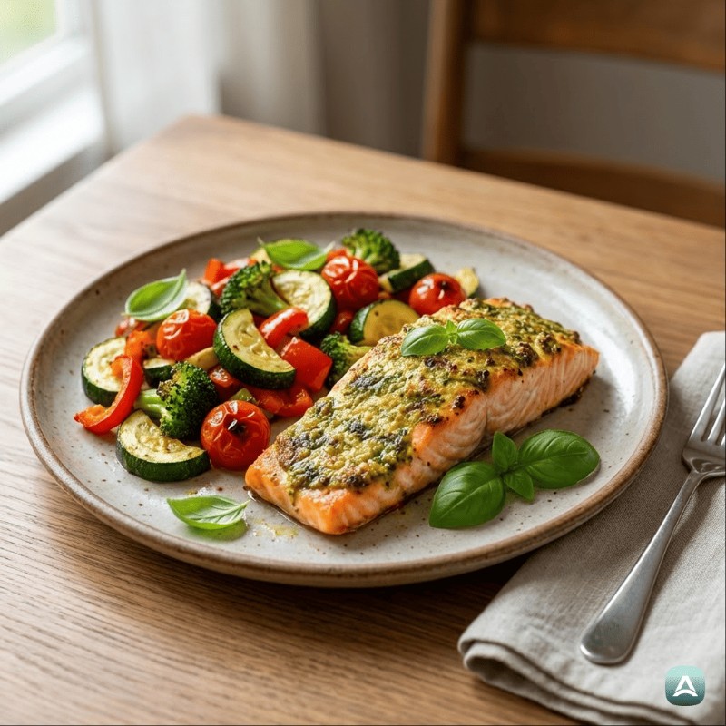 Saftiger gebratener Lachs mit Pesto und buntem geröstetem Gemüse