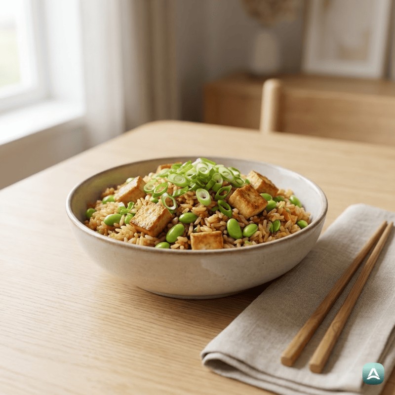 Gebratener Reis mit knusprigem Tofu und Edamame