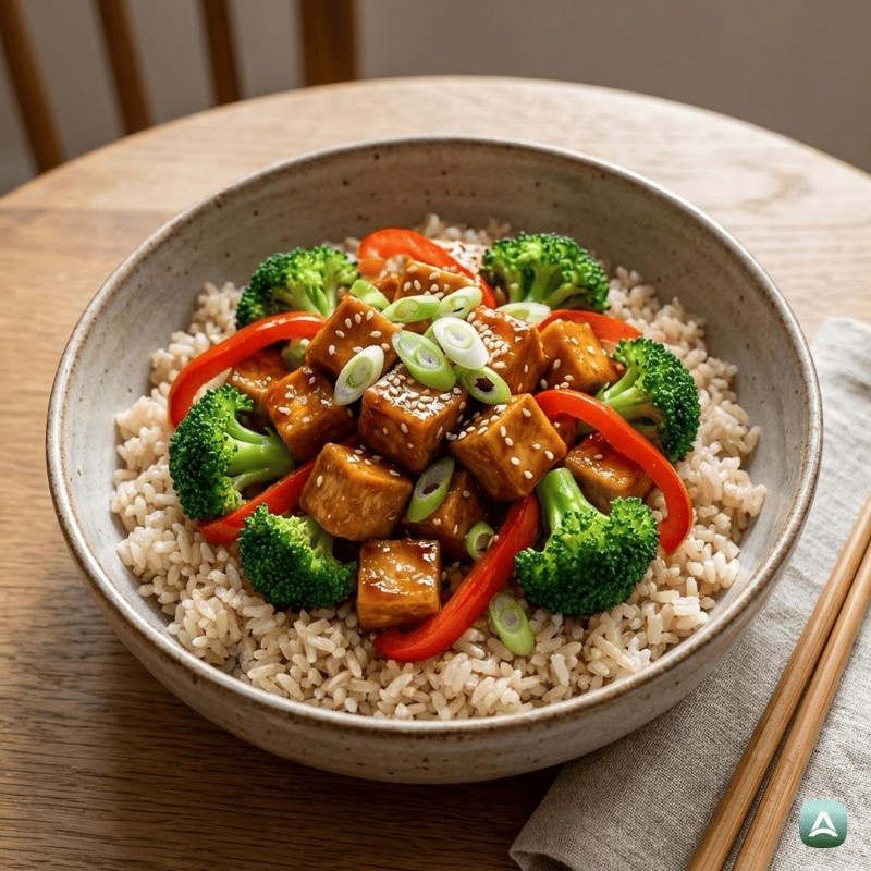 Bowl mit knusprigem 'sticky' Tofu und buntem Gemüse