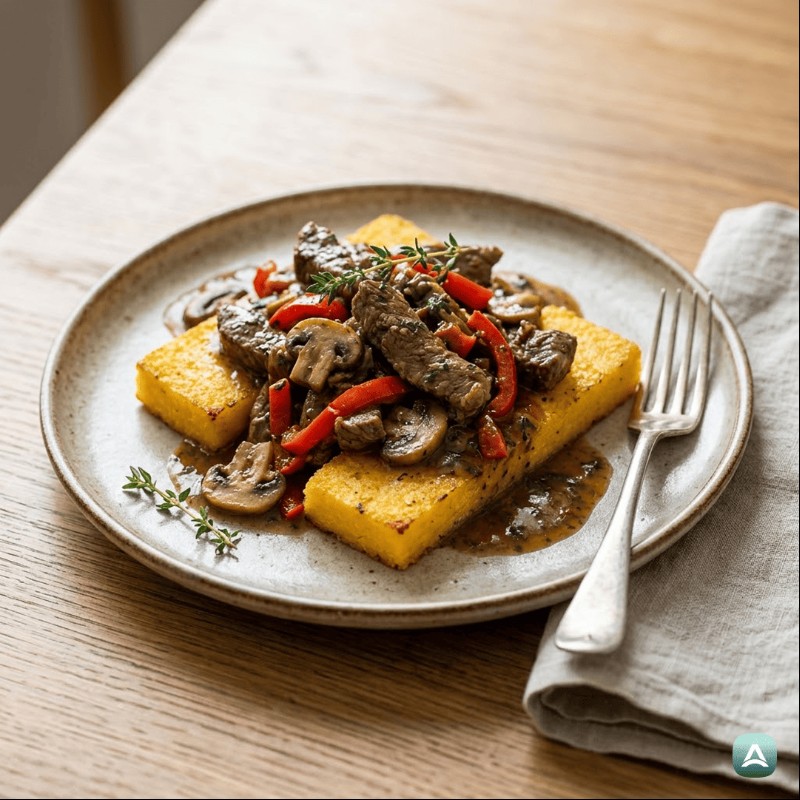 Saftige Rinderstreifen in Kräutersoße auf knuspriger gebackener Polenta